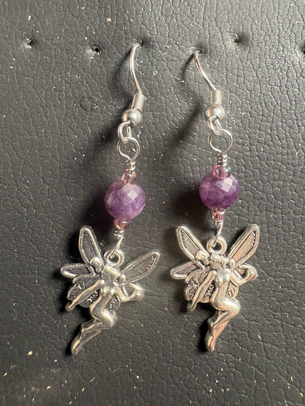 Silver Vintage Fairy Dangle Earrings with Purple Amethyst Beads